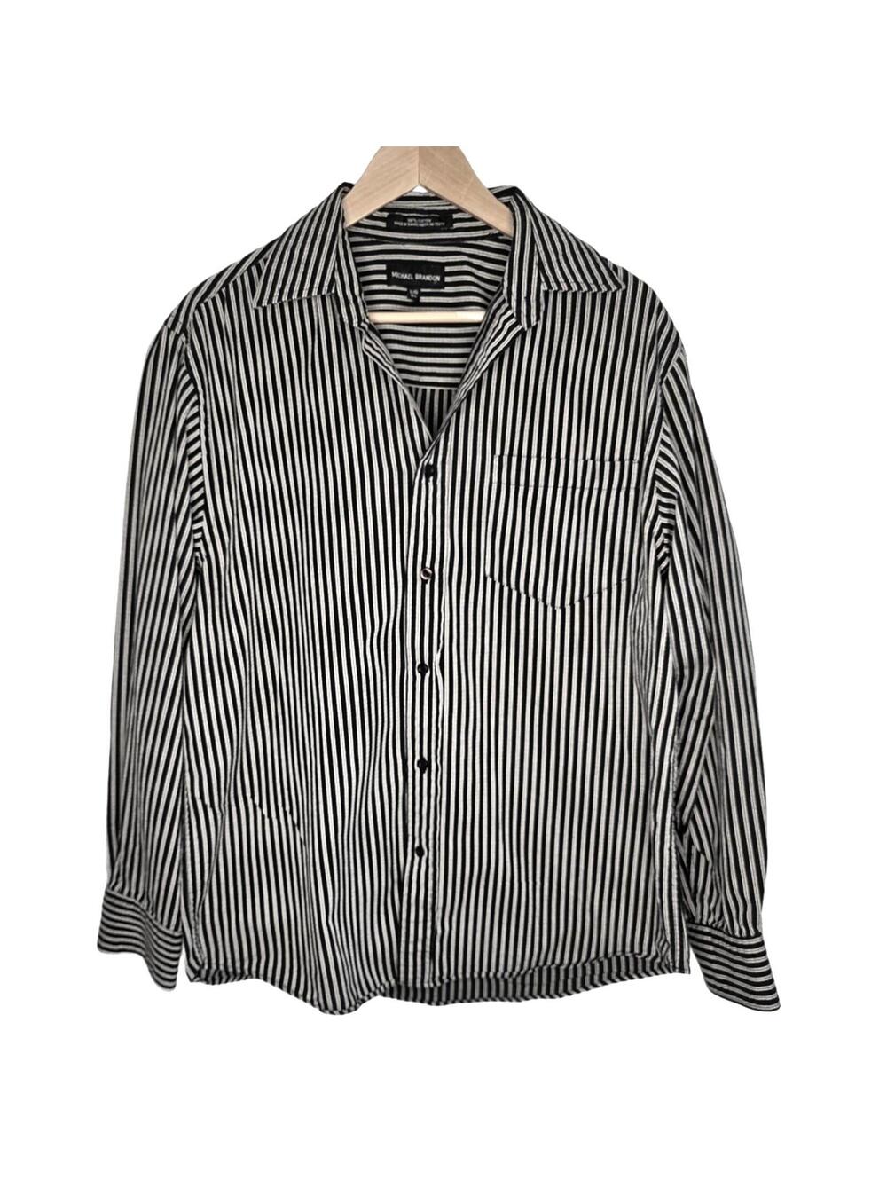 Michael Brandon Men's Cotton Black And Grey Long Sleeve Striped Shirt. LG
